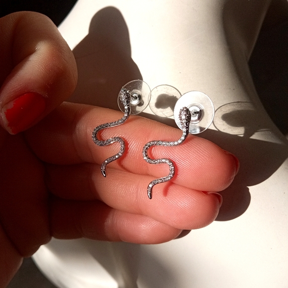 Elegant Silver Plated Cubic Zirconia Snake Earrings - Picture 3 of 14